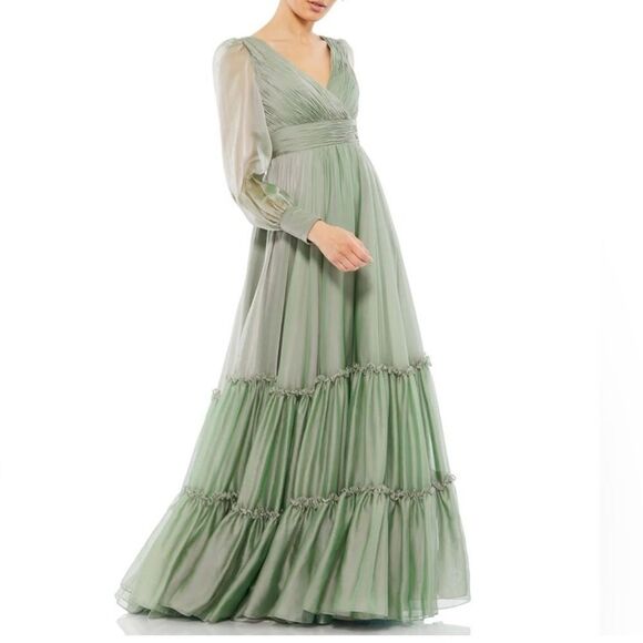 NWT Mac Duggal 67864 Long Sleeve Satin Chiffon Tiered Gown Dress Sage Green - Picture 3 of 15